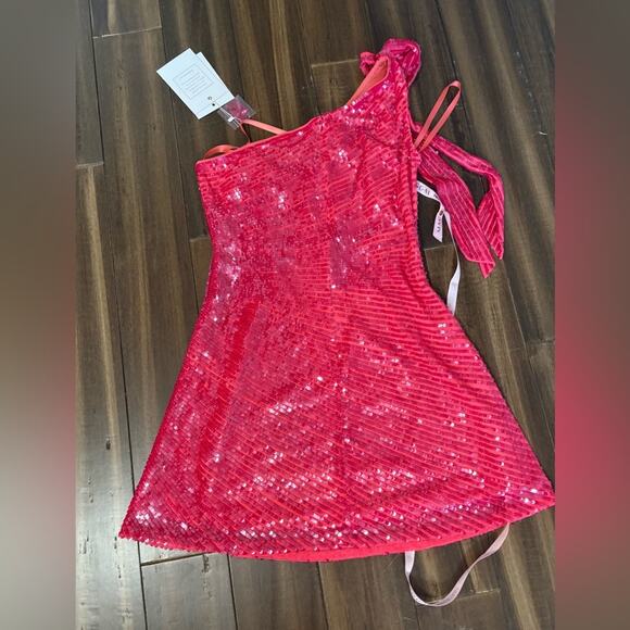 NWT Mac Duggal 5548 Sequin After Prom Dress Hot Pink Shoulder Mini Fitted Barbie - Picture 13 of 16